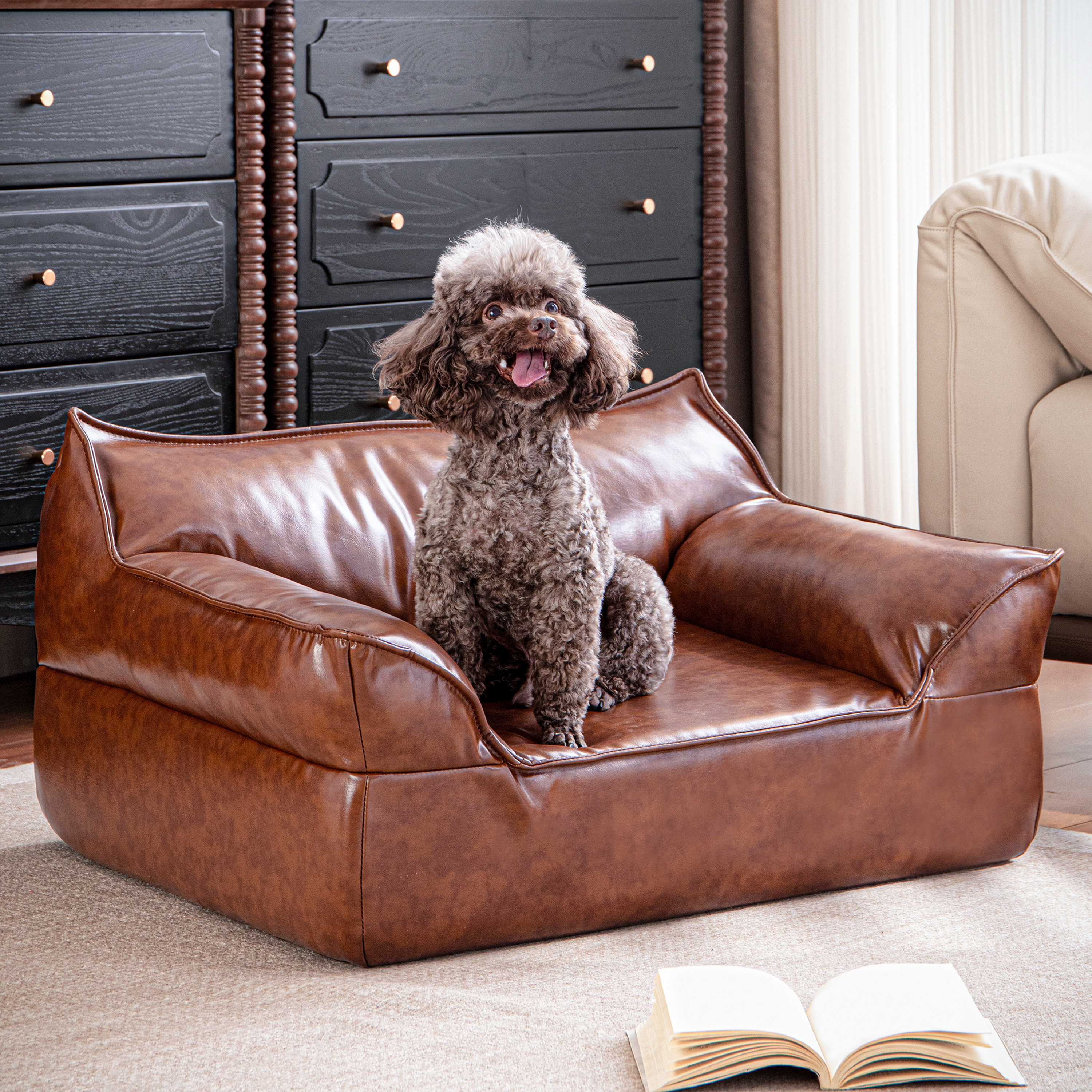 Modern Dog Bed Small Brown Leather Pet Bed Mid Century Modern Dog