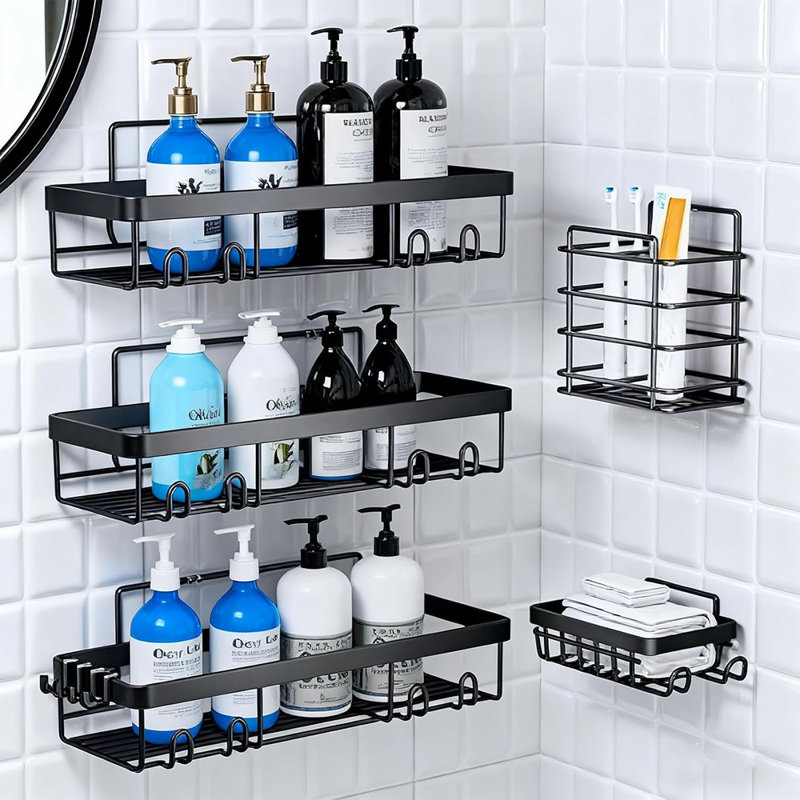 Adhesive Shower Caddy  – 5-Pack No-Drill Hanging Bathroom Organizer With Soap & Toothbrush Holder, Rustproof Wall-Mounted Shelves