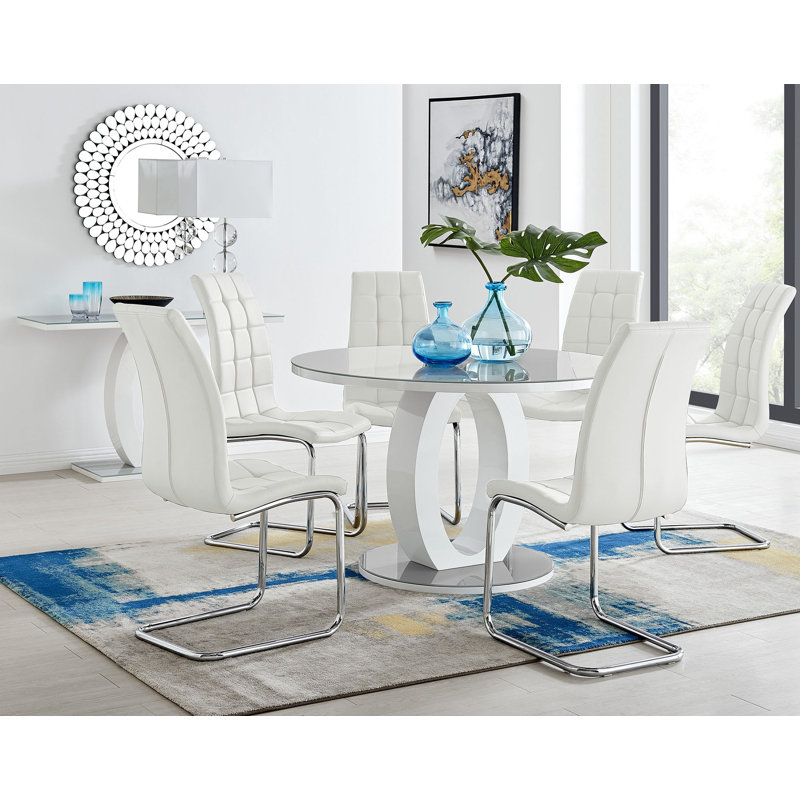 Scottsmoor Modern Halo Seat Round Dining Table Set - 6 Upholstered Faux Leather Dining Chairs, Grey, White