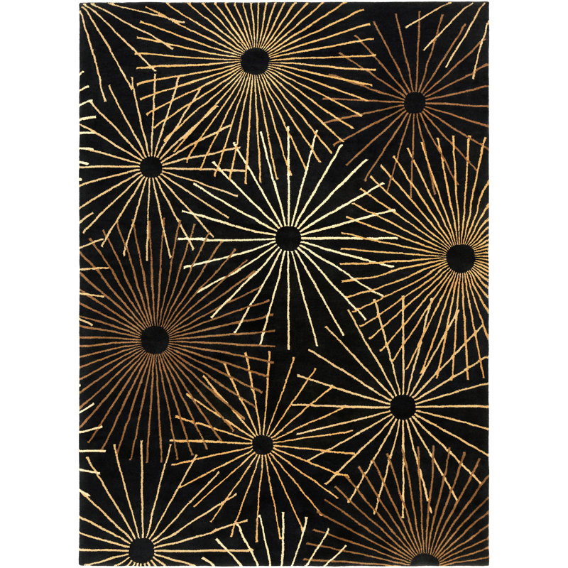 Deweese Geometric Hand-Tufted Wool Black/Dark Brown/Khaki Area Rug, Rectangle 9' x 12'