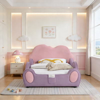 Cute Cloud Shape PU Leather Kids Bed With Guardrails, Safety Toddler Bed With Cartoon Purple& Design And Storage Pocket
