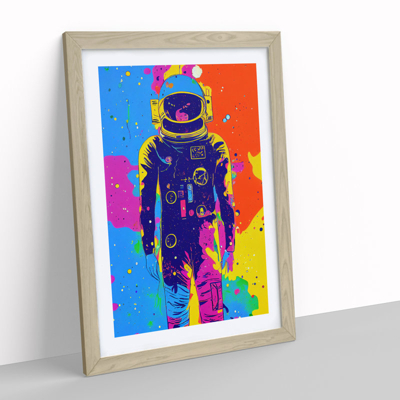 Colourful Astronaut - Wall Art, 66cm H x 48cm W x 2cm D, Oak Framed, White