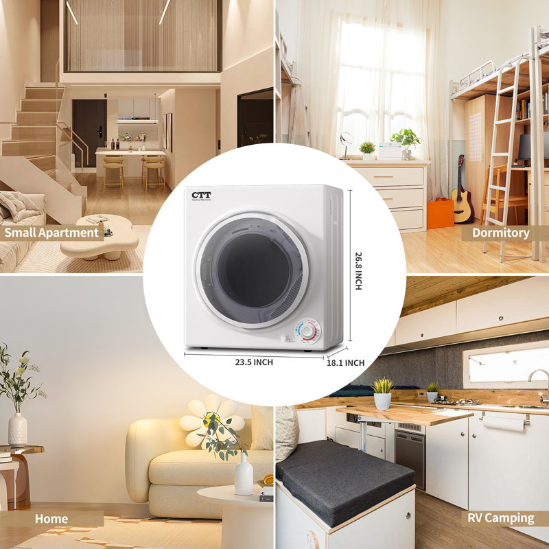 CTT 3.5 Cu. Ft. Clothes Dryer, 1500W Electric Dryers for Clothes, 110V Electric Clothes Dryer with Stainless Steel Drumble for 13.2 lbs. with 4 Automatic Drying Modes (White)