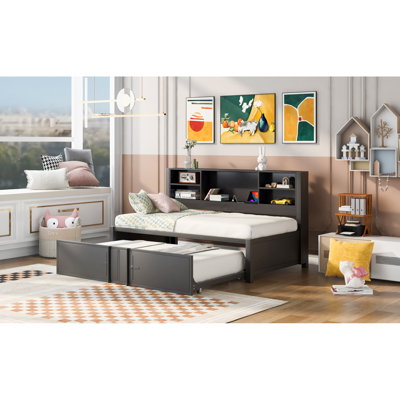 Lit de jour simple en métal avec lit gigogne simple, tablettes de rangement et ports USB, noir