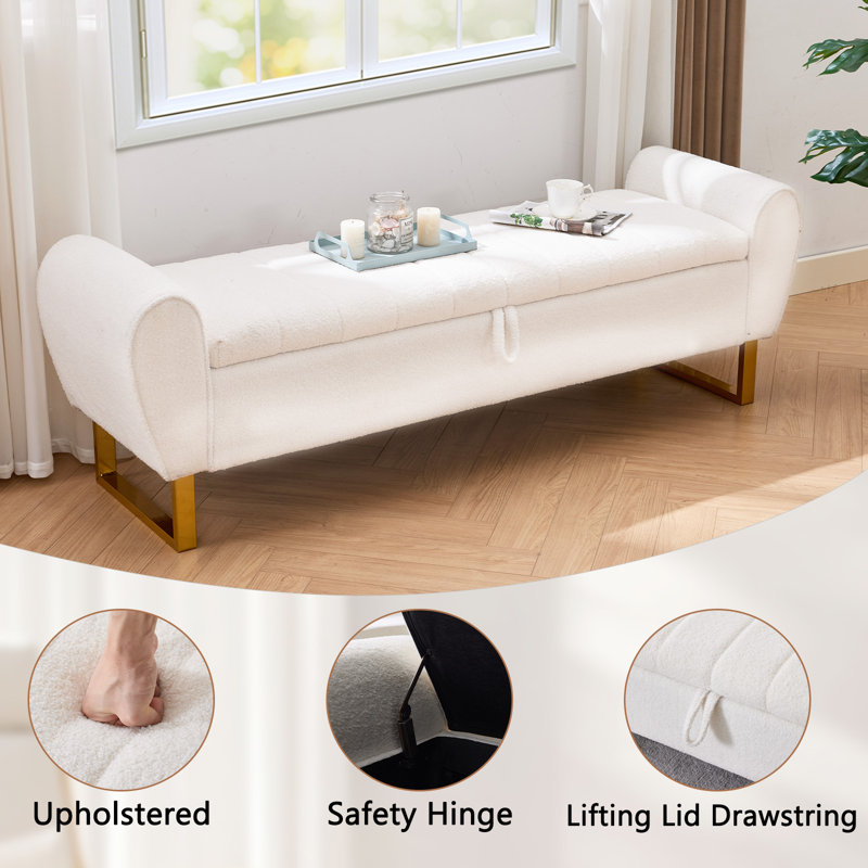67"W Storage Bench with Gold Legs and Curved  Arms, Teddy Beige