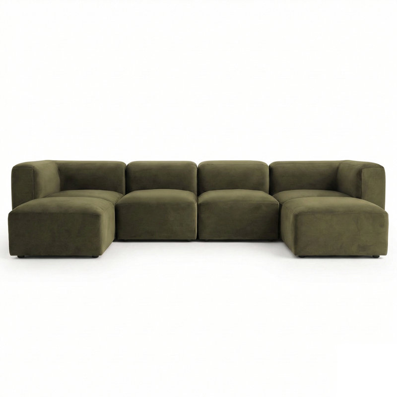 Canapé d'angle modulaire surdimensionné en forme de U, assise profonde, revêtement en velours performant et deux poufs