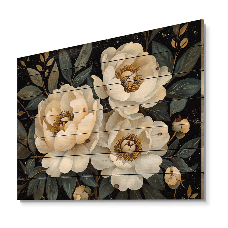 Noir noir blanc pivoines I - décoration murale en bois de pivoines - sur bois de pin naturel, H 24 po x l 32 po x P 0,78 po