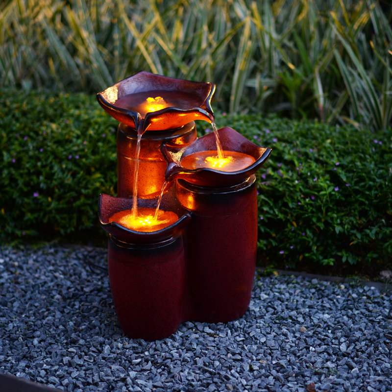 20" Outdoor 3-Tier Floor Water Fountain with LED Lights, Weather Resistant