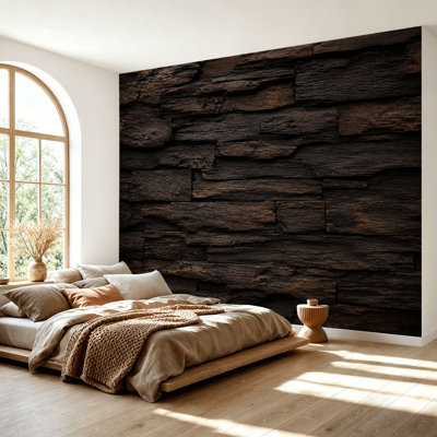 Wall Mural Peel and Stick Wallpaper Dark Natural Wood Layered Charred Timber Grain Rustic Rustic Style Self-Adhesive Removable Contact Paper Wall Decor for Living Room Bedroom 69"H x 96"W
