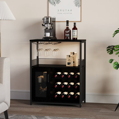 Armoire à vin à 3 niveaux, support à vin amovible et espace de rangement, armoire à buffet avec porte en filet, pour la cuisine, le salon et le bar