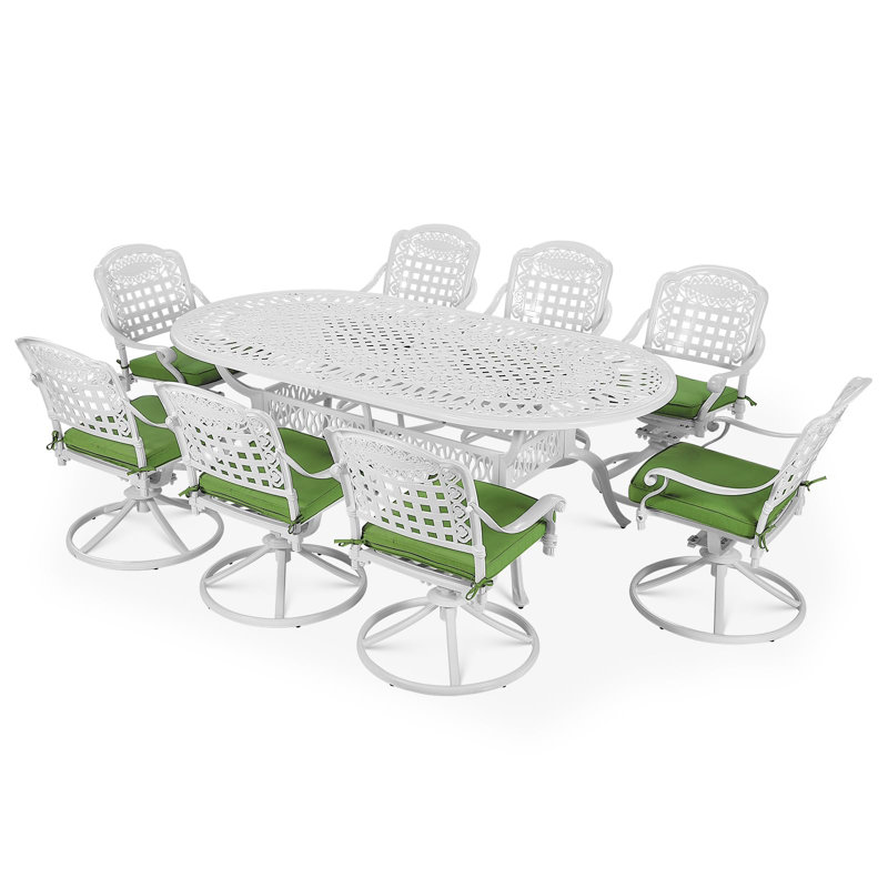 L'ensemble de salle à manger d'extérieur 9 pièces Foundry Select, l'ensemble de conversation en aluminium coulé résistant aux intempéries, comprend 8 chaises berçantes pivotantes et une table ovale avec trou pour parasol, coussin blanc / vert