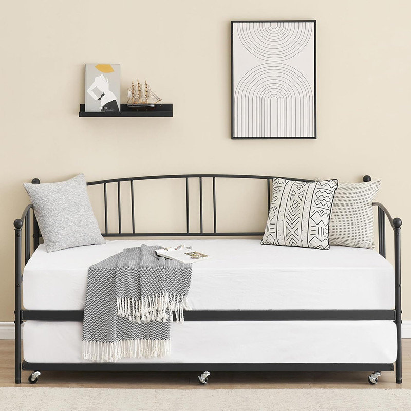 Twin Daybed with Trundle & Arched Headboard, Sturdy Metal SofaBed for Living Room & Guest Room