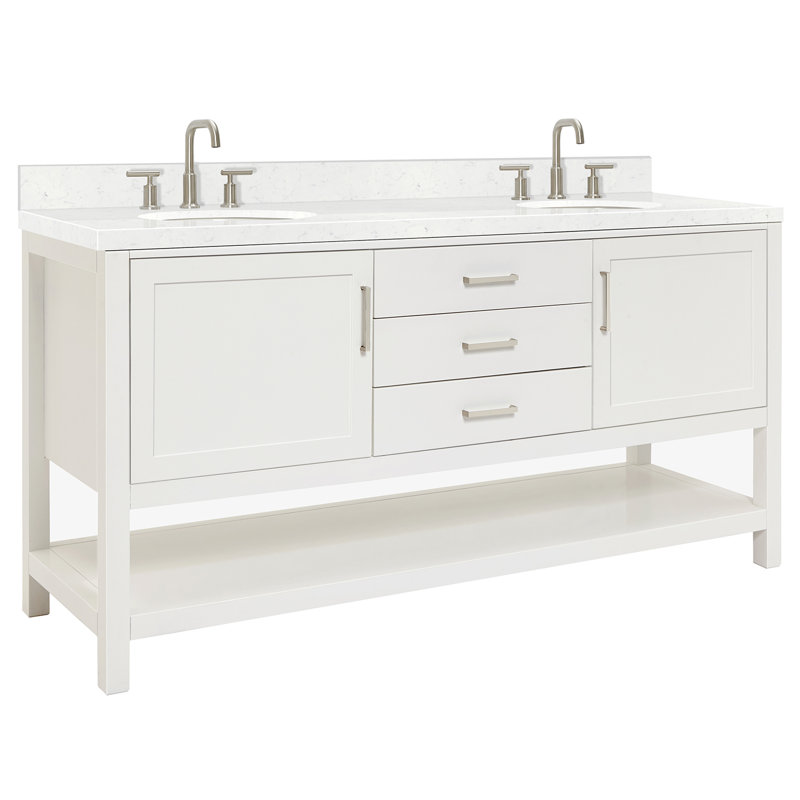 73'' Double Bathroom Vanity with White Quartz Top, Carrara White Quartz, White, Oval
