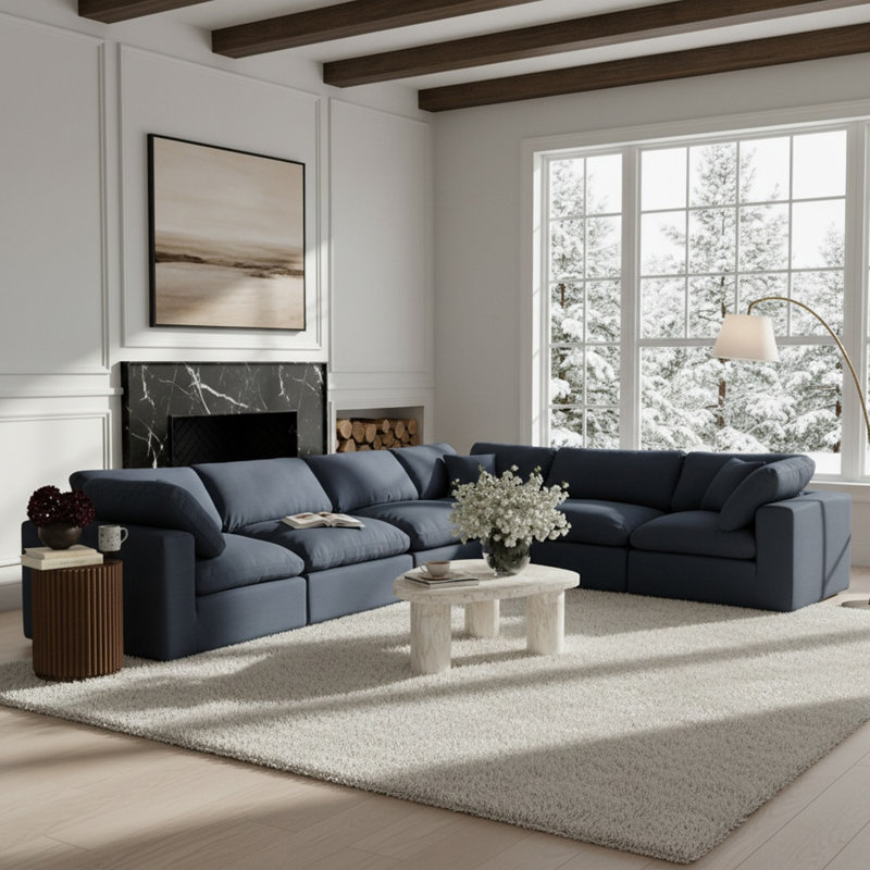 Canapé modulaire 6 pièces rembourré, Tissu texturé en lin bleu marine