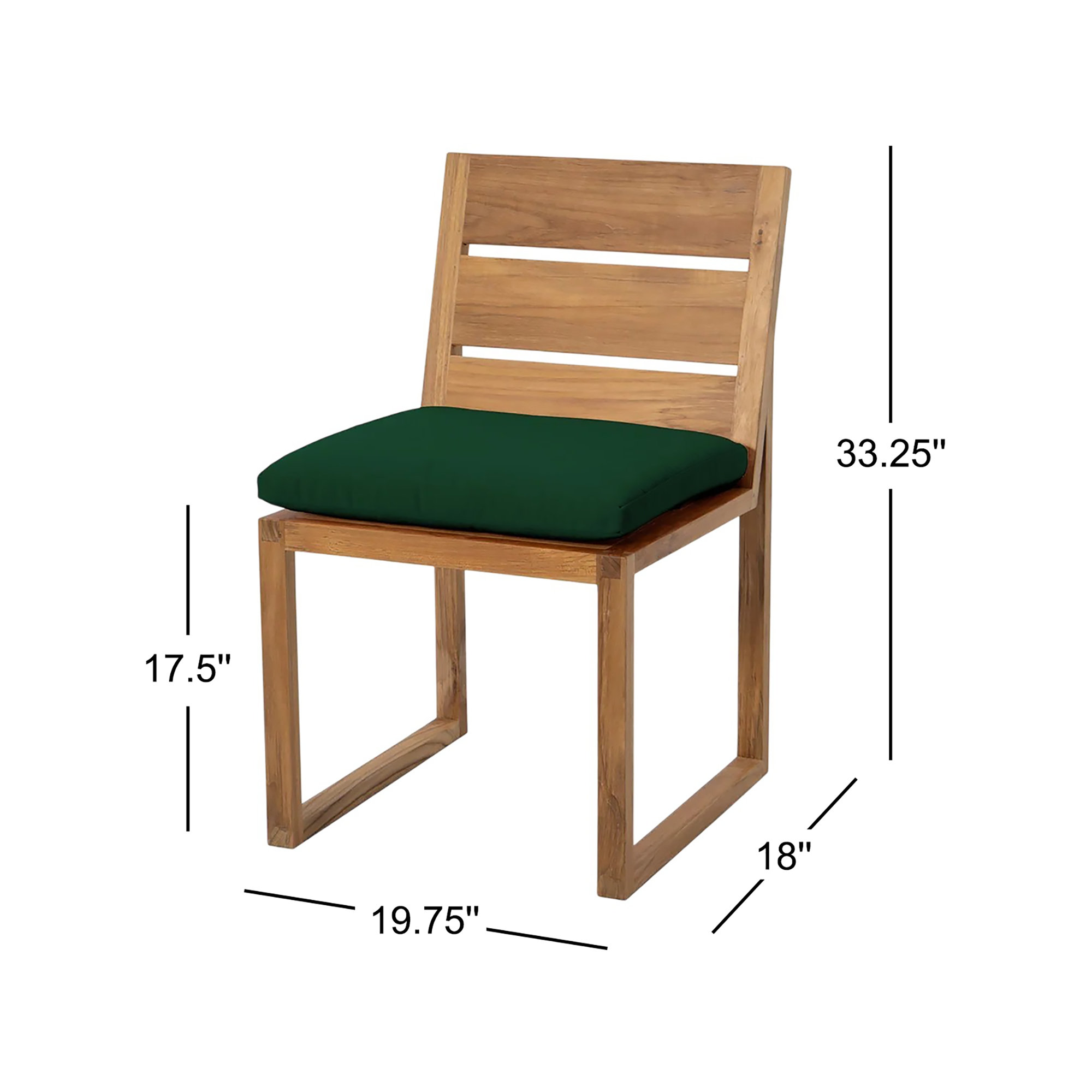 Uvita Teak Patio Dining Side Chair with Cushion, Forest Green