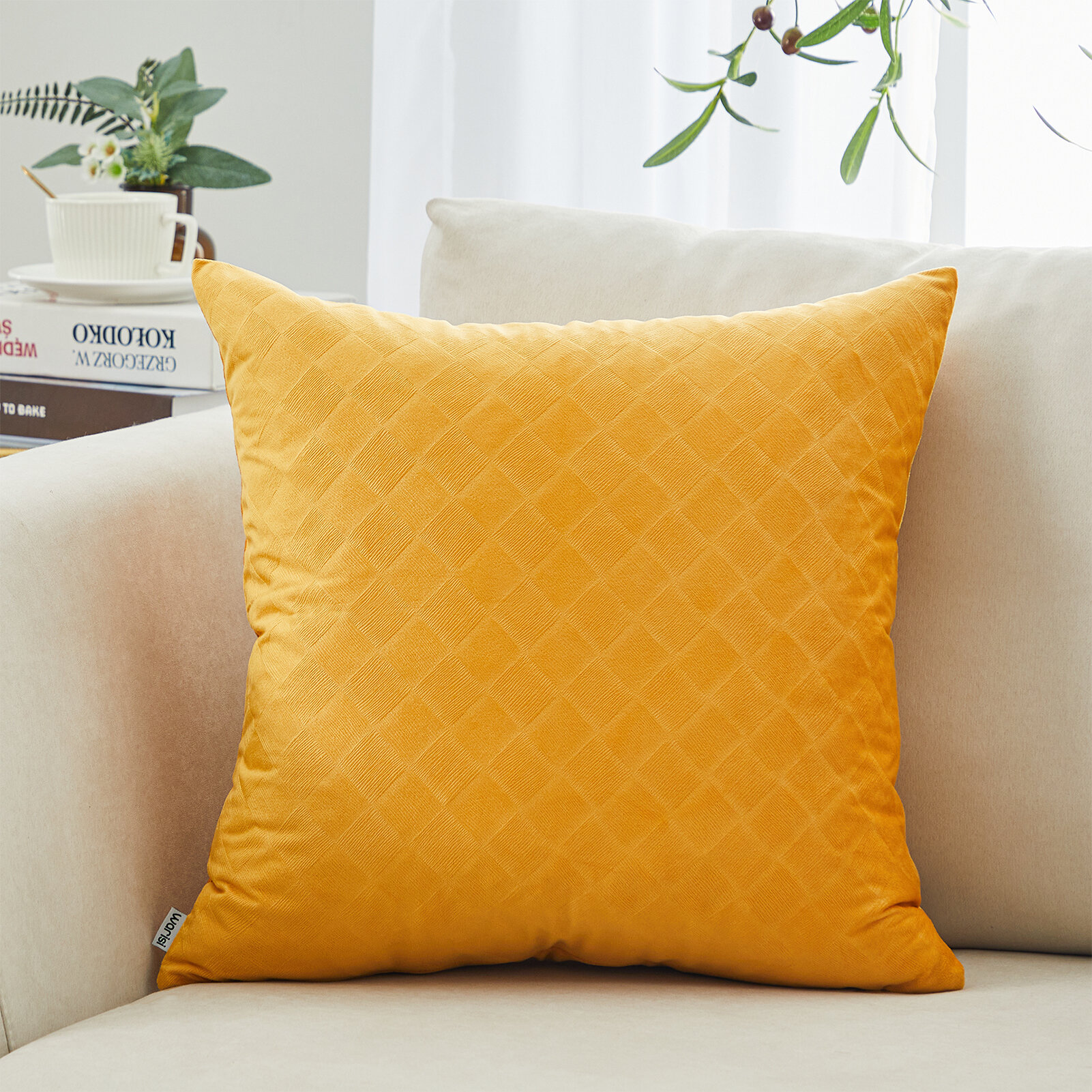 Contemporary Greige/Yellow/Geometric Print Throw Pillows- Set of 4