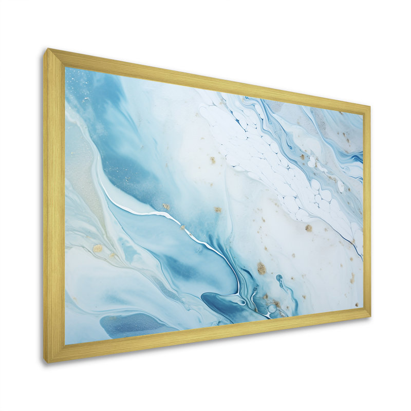 Blanc et bleu glacier charme liquide Art II - décoration murale abstraite, Cadre doré simple, H 16 po x l 32 po x P 1 po