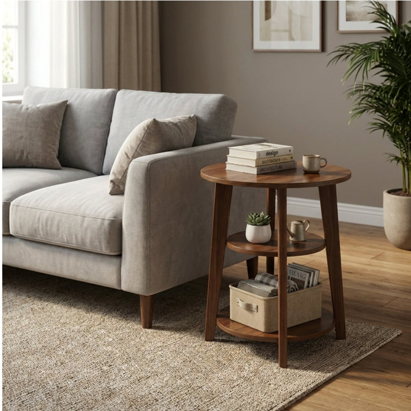 Table d'appoint ronde à 3 niveaux - Table de chevet de 60 cm de hauteur avec étagères de rangement, Brown
