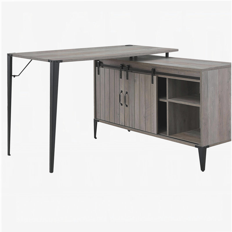 Grey oak writing desk with sliding barn doors, Gray