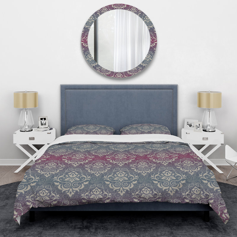 Mauve et gris damassé - ensemble de housse de couette abstrait - microfibre de polyester
