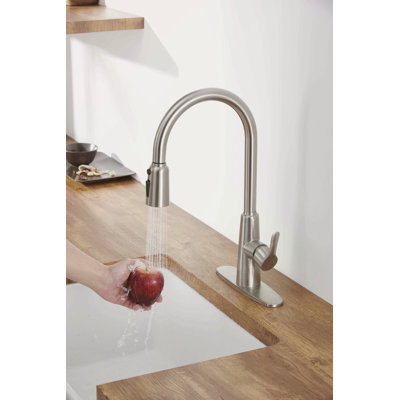 Robinet d'évier de cuisine avec douchette extractible en nickel brossé, robinet d'évier de cuisine à grande arche en acier inoxydable, robinets de cuisine à poignée simple à réglage à 3 voies avec plaque de pont