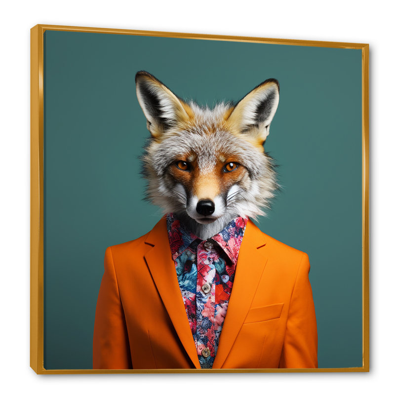 Orange et vert habillé de renard - art mural animal renard, Cadre flottant doré, H 30 po x l 30 po x P 1,5 po