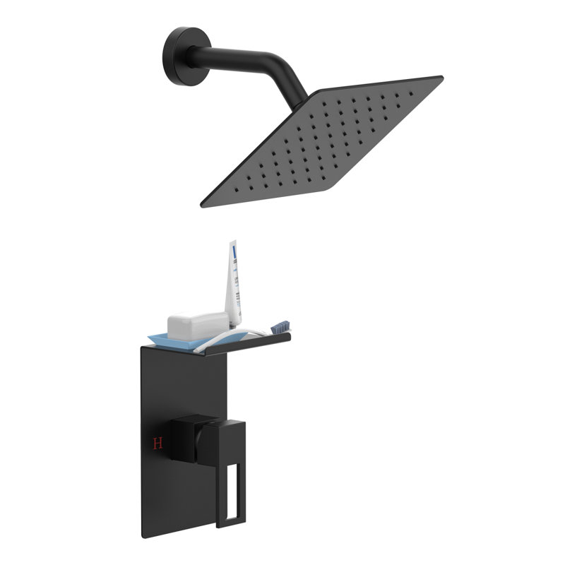 Robinet de douche avec support de rangement Ensemble de décoration de pomme de douche à pluie de 8 pouces avec ensemble de robinet de douche à jet simple