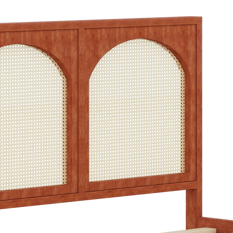 Lit plateforme avec tête de lit en rotin, design minimaliste, Noyer + beige