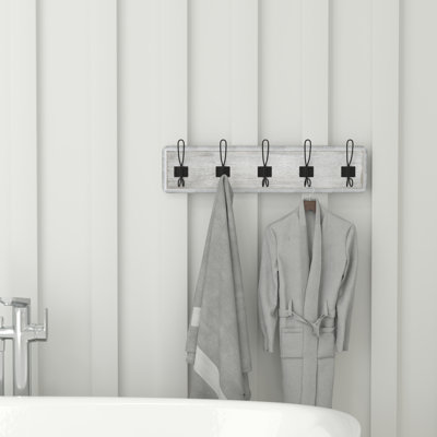 Nariaki Wall Mounted Solid Pine Wood Storage Rack with 5 Hanging Hooks