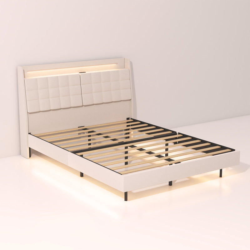 Cadre de lit flottant avec lumière DEL et base de lit tapissier avec station de charge