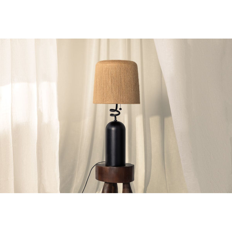 Black Forged Iron Table Lamp with Natural String Shade