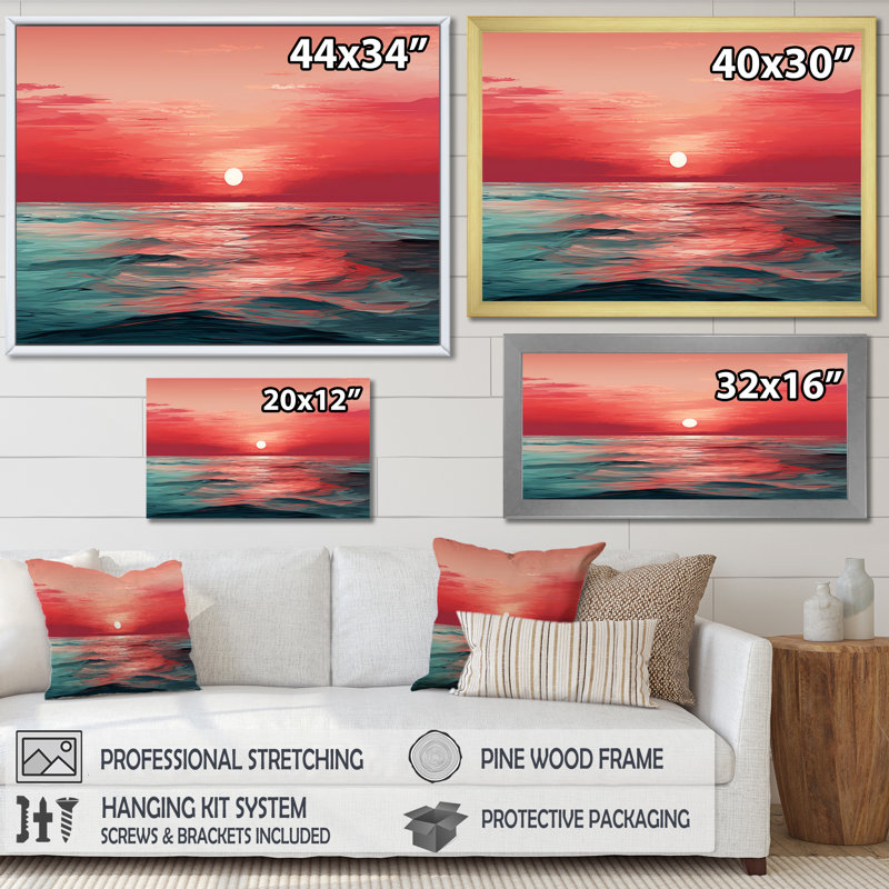 «Red and Blue Crimson Horizon Harmony - Nautical & Beach», reproduction d'art sur toile_105672, Encadrement doré