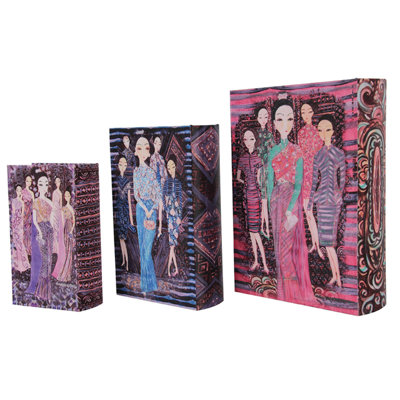Meer Faux Book Storage Box Set of 3, Pink Black Fashion Illustrations, Silk