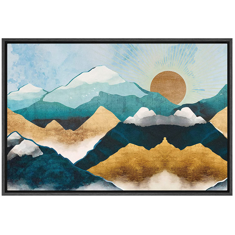 «Teal Sun Mountain Range Abstract Nordic Landscape», reproduction d'art encadrée sur toile, H 16 po x l 24 po x P 1,5 po