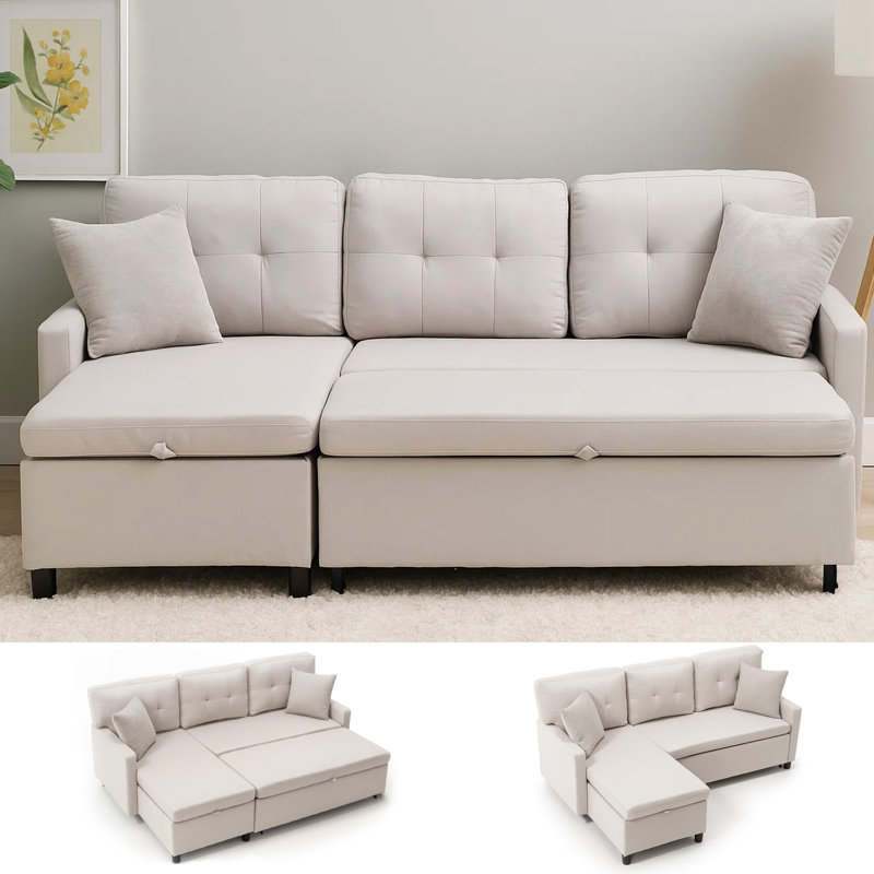 L-Shape 81" Wide Space-Saving Sleeper Sofa Upholstered Pull-Out Sofa Bed, Beige
