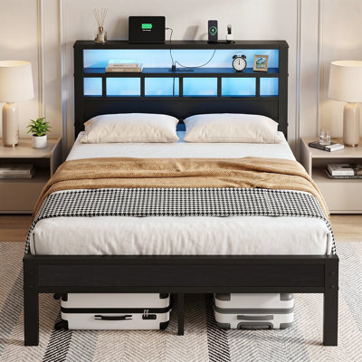 Bed Frame Industrial Platform Bed With Charging Station & LED Lights