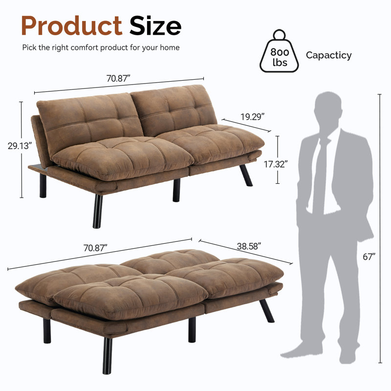 Convertible Folding Modern Sofa Bed, Brown Microfiber, 29.13'' H x 70.87'' W x 38.6'' D