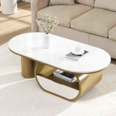 Table basse de luxe 47,52 po avec tiroir de rangement, conception ovale, plateau en faux marbre, métal doré pour le salon, fabrication, pieds réglables, emballage sécuritaire
