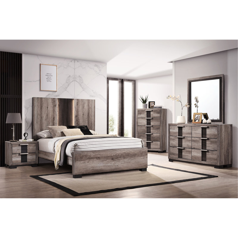 Élégant mobilier de chambre à coucher très grand avec tête de lit à DEL illuminée, finition gris beige brun, lattes et support pour une nuit de détente, tête de lit moderne éclairée, mobilier en bois, sommeil nocturne