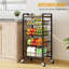 Chariot de rangement à 5 niveaux avec plateau en bois, organisateur de panier en métal sur roulettes verrouillables, casse-croûte utilitaire et support à légumes avec tapis