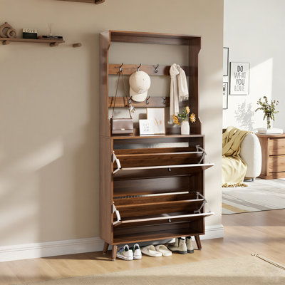Armoire à chaussures étroite avec 2 tiroirs rabattables, armoire à chaussures cannelée avec portemanteau, étagère à chaussures 2-en-1 pour vestibule