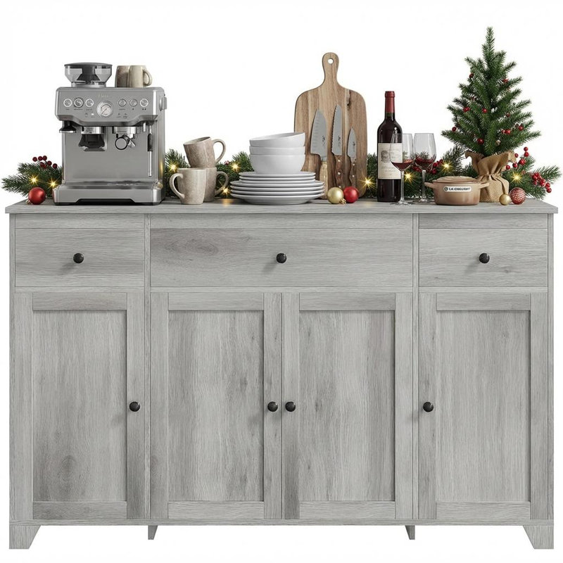 55" Sideboard Buffet Cabinet with Storage, Minimalist Kitchen Storage Cabinet with 3 Drawers & 4 Doors, Farmhouse Buffet Console Table Coffee Bar with Adjustable Shelf for Kitchen