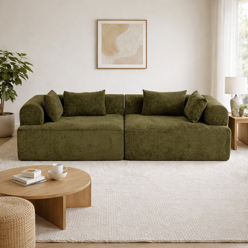 Canapé modulaire double en mousse pleine grandeur 96 po avec accoudoirs arrondis, confort en forme de nuage, Vert