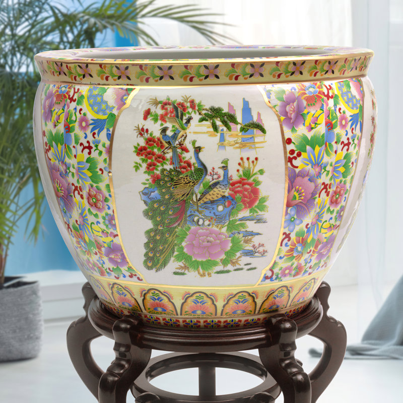 Satsuma Garden & Peacock Porcelain Fishbowl, 16.5" H x 20.5" W x 20" D, Birds and Flowers