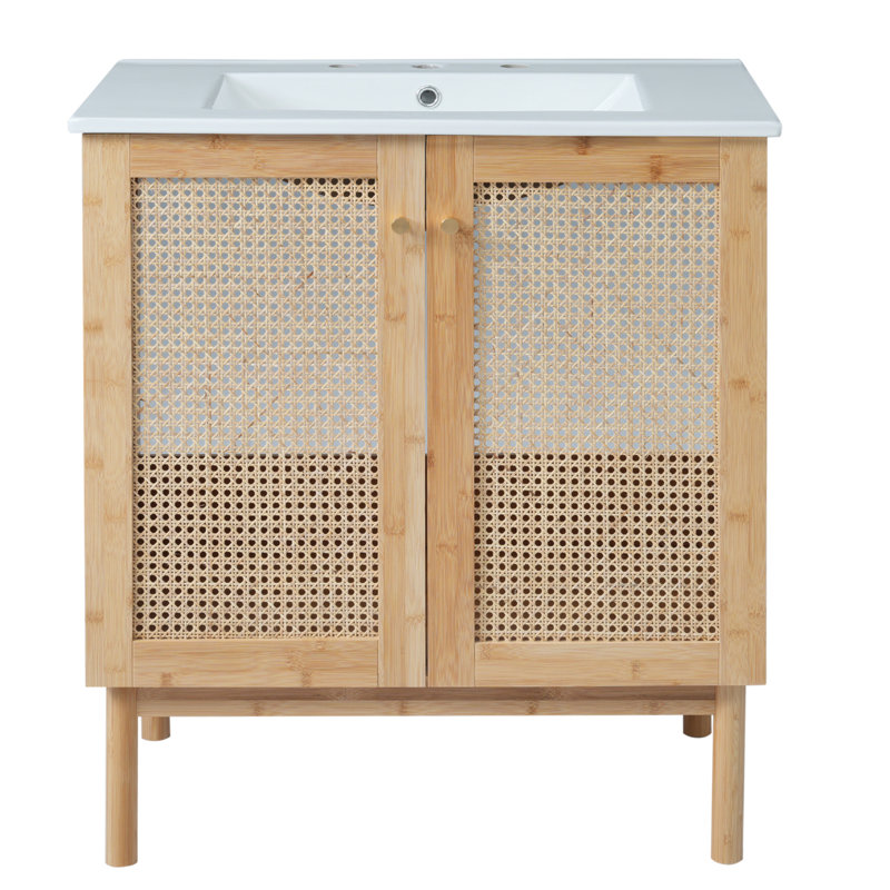 Meuble-lavabo en bambou naturel de 30 po avec portes en rotin tissé à la main et mécanismes de fermeture en douceur pour un rangement élégant