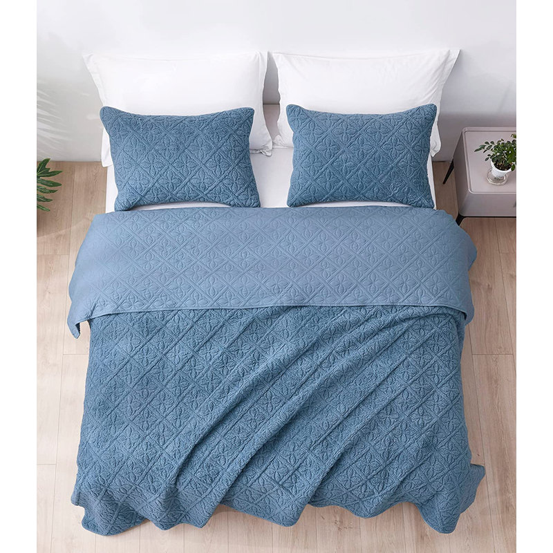 3 - Piece Reversible Floral Quilt Set, Sherpa Blanket with Shams, Blue, King Quilt + 2 King Shams