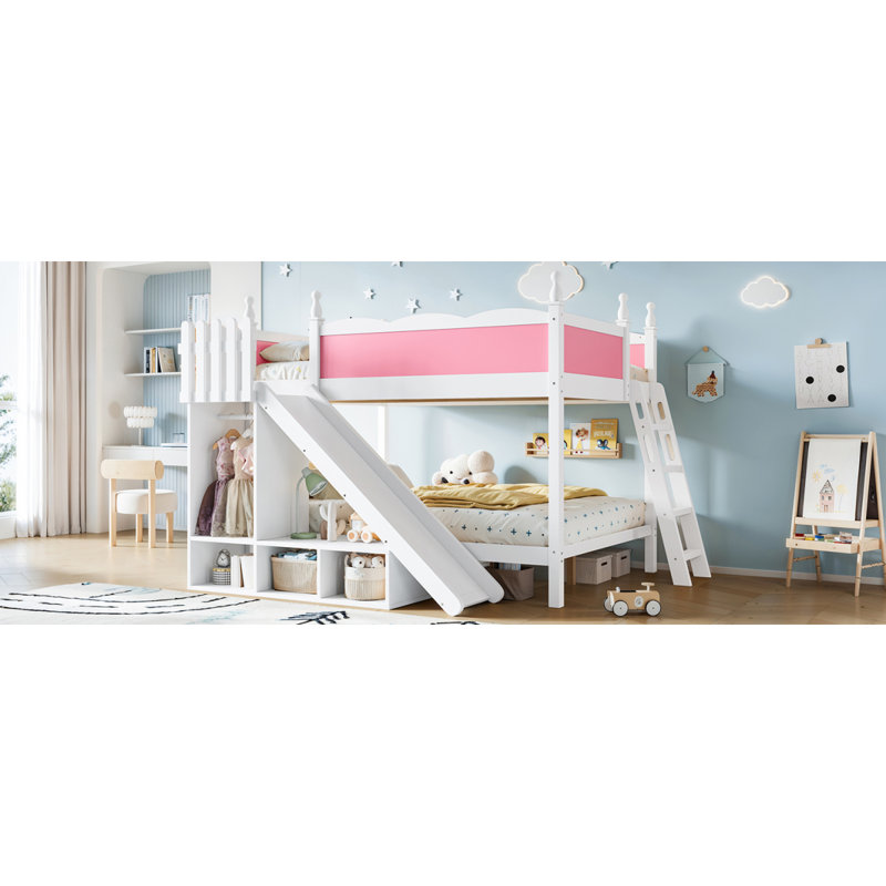 Lit superposé double au-dessus de double avec tablettes de rangement, lit superposé en bois massif avec glissière et échelles, conception à profil bas, rose et blanc