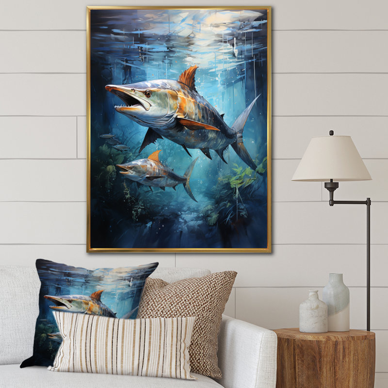 Asmus " Fishing Majestic Marlins Jumping I ", 40" H x 30" W x 1.5" D, Gold Floater Framed