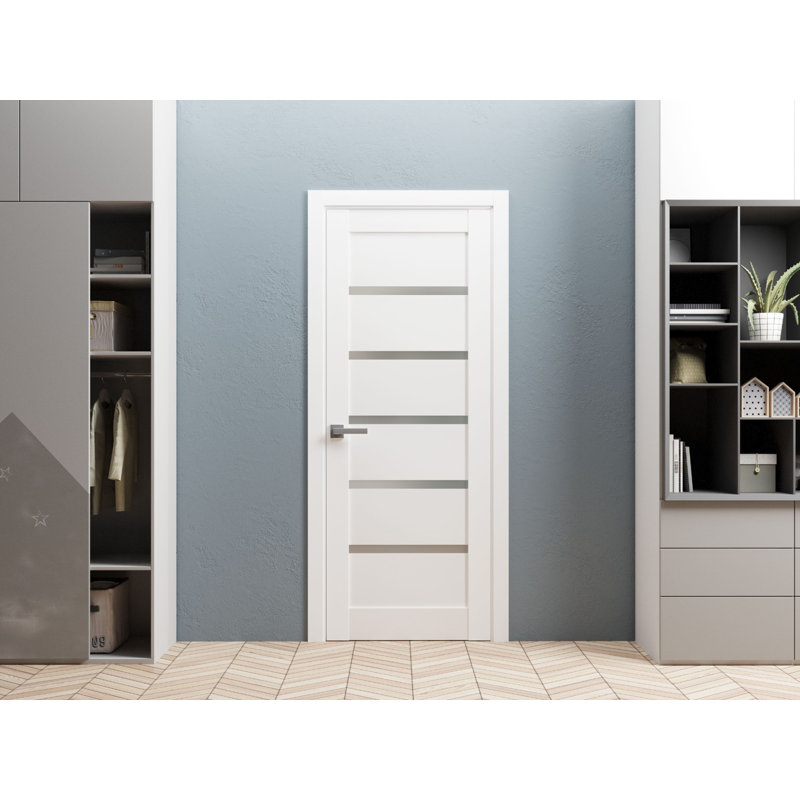 Porte de cuisine pré-montée Pantry Kitchen Lite avec quincaillerie Quadro 4117 Blanc Soie avec verre opaque dépoli, panneau unique, cadre et finitions, portes robustes pour salle de bain et chambre à coucher - 24 po x 96 po