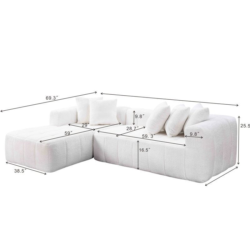 Canapé d'angle modulaire Cloud de 274 cm (107,9 po), méridienne en L, canapé moderne 4 places pour chambre à coucher, revêtement en mousse et ressorts blancs, aucun assemblage requis, configurations personnalisables et flexibles, confort et légèreté exceptionnels.